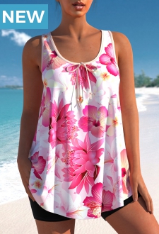 Floral Print Wide Strap Pink Tankini Top
