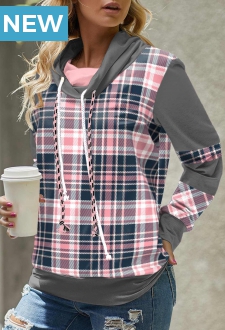 Pink Plus Size Tartan Print Long Sleeve Sweatshirt