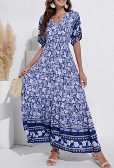 V Neck Navy Blue Floral Print Dress