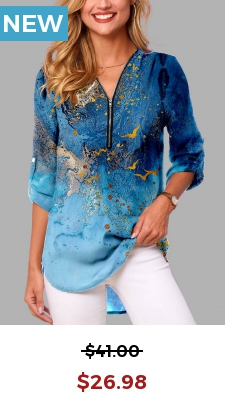 Quarter Zip Scape Print Blue Blouse