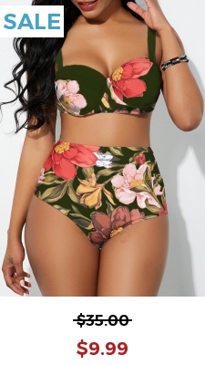 Spaghetti Strap Floral Print High Waist Bikini Set