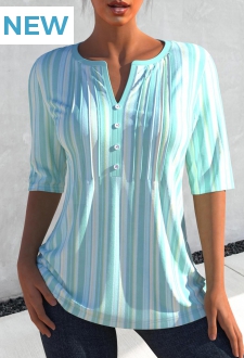 Split Neck Cyan 3/4 Sleeve Striped Blouse