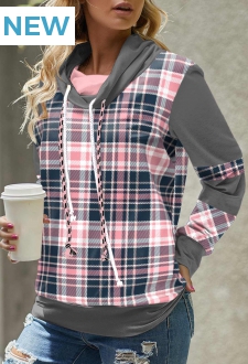 Pink Tartan Print Long Sleeve Cowl Neck Sweatshirt