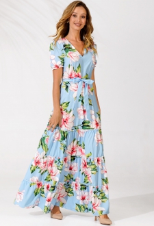 Floral Print Light Blue V Neck Belted Tiered Dress