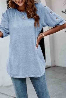 Decorative Button Light Blue Round Neck T Shirt
