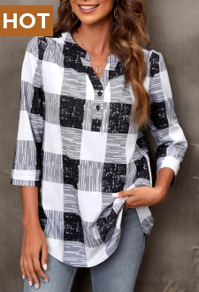 Plaid Split Neck Black 3/4 Sleeve Blouse