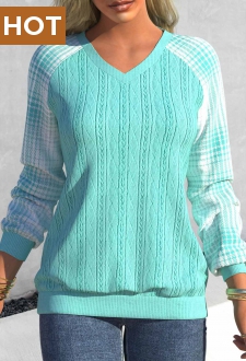 Cyan Tartan Print Long Sleeve V Neck Sweatshirt