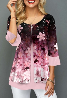 Floral Print Zipper Detail Pink 3/4 Sleeve T Shirt