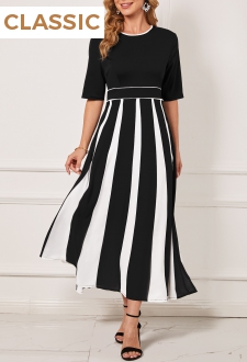 Monochrome Stripe Round Neck Black Dress