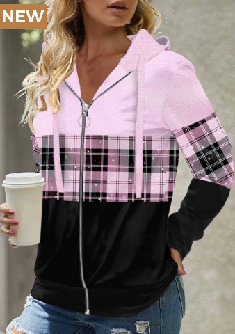 Light Purple Tartan Print Long Sleeve Hoodie