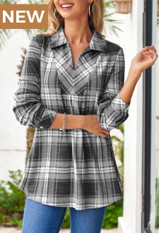 Grey Tartan Print Long Sleeve Shirt Collar Blouse