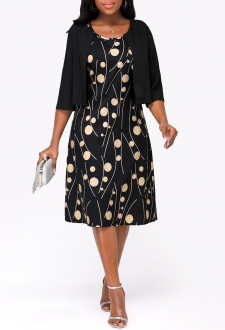 Black Open Front Shawl and Geometric Print Dress