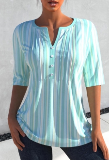 Split Neck Cyan 3/4 Sleeve Striped Blouse