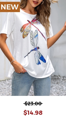 Dragonfly Print White Round Neck T Shirt