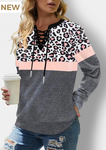 Grey Leopard Long Sleeve Lace Up Sweatshirt