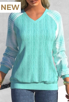 Cyan Tartan Print Long Sleeve V Neck Sweatshirt