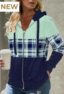 Multi Color Zipper Tartan Print Long Sleeve Hoodie