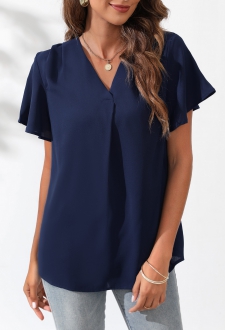 Navy Blue Short Sleeve V Neck Blouse