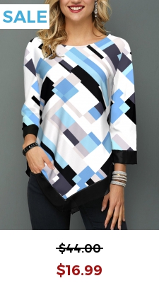 White Asymmetric Hem Geometric Print Blouse