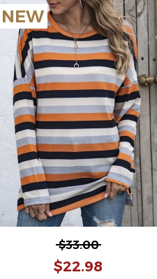 Orange Striped Long Sleeve Round Neck T Shirt