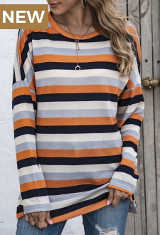Orange Striped Long Sleeve Round Neck T Shirt