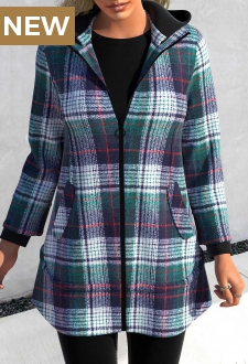 Blackish Green Zipper Tartan Print Long Sleeve Hoodie