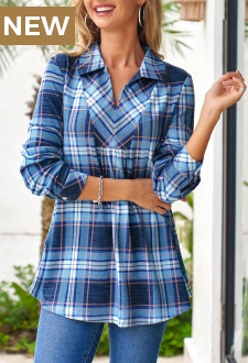 Turndown Collar Plaid Fold Long Sleeve Blouse
