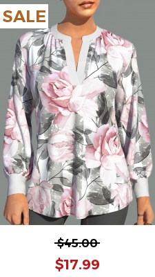 Valentines Rose Print Split Neck White Blouse