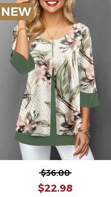 Floral Print Faux Two Piece 3/4 Sleeve Blouse
