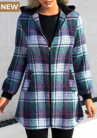 Blackish Green Zipper Tartan Long Sleeve Jacket