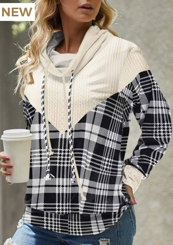 Beige Plaid Long Sleeve Cowl Neck Sweatshirt