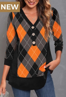 Halloween Plaid Black Decorative Button V Neck T Shirt