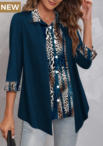 Dark Blue Asymmetric Hem Shirt Collar Blouse