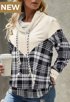 Beige Plaid Long Sleeve Cowl Neck Sweatshirt