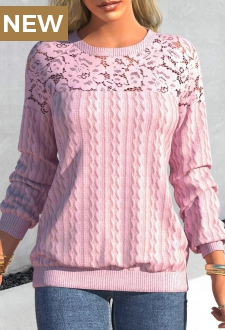 Pink Lace Patchwork Long Sleeve Round Neck Sweatshirt
