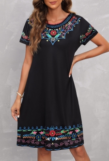 Tribal Print Black Round Neck Dress