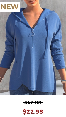 Dusty Blue Quarter Zip Drawstring Long Sleeve Hoodie