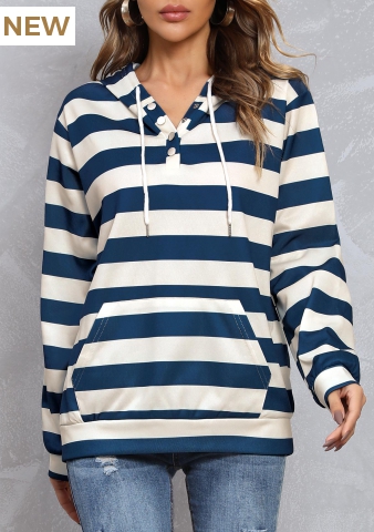 Dark Blue Striped Kangaroo Pocket Hoodie