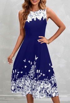 Navy Floral Print Sleeveless High Waist Dress