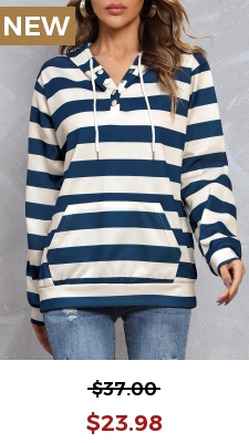 Dark Blue Striped Kangaroo Pocket Hoodie