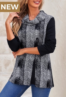 Black Decorative Button Chevron Print Long Sleeve Sweatshirt