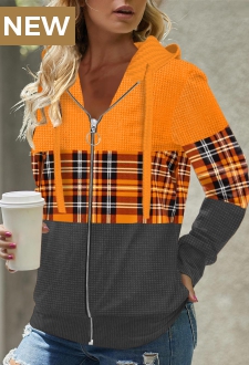 Zipper Closure Plaid Orange Long Sleeve Hoodie