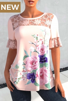 Floral Print Light Pink Lace Stitching Blouse