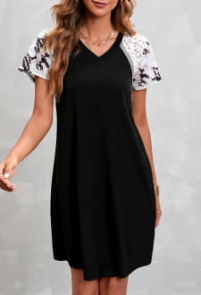 Black Printed V Neck Short Sleeve Dress
