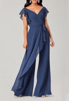 Blue Short Sleeve V Neck Jumpsuit