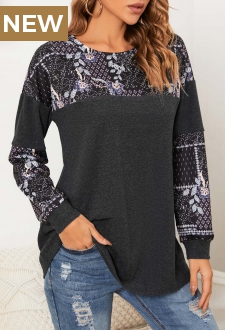 Dark Grey Marl Tribal Print T Shirt