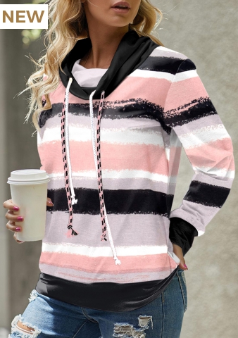 Pink Striped Long Sleeve Cowl Neck Sweatshirt