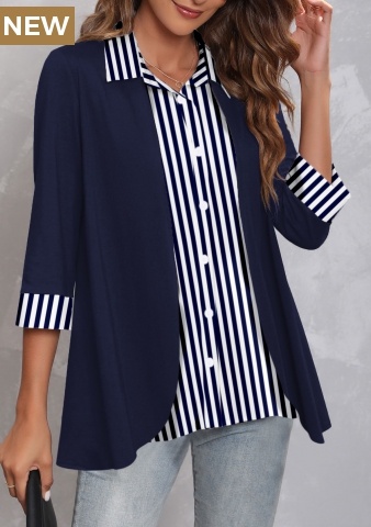 Striped Faux Two Piece Navy Button Up Blouse