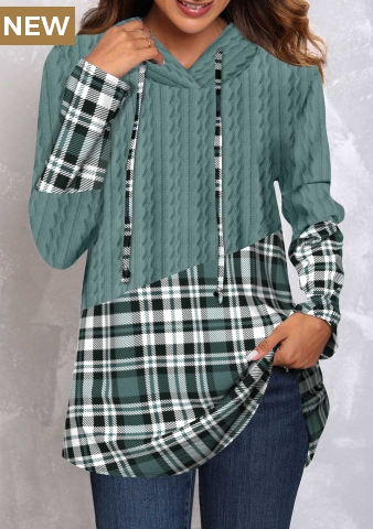 Sage Green Twisted Tartan Print Drawstring Hoodie