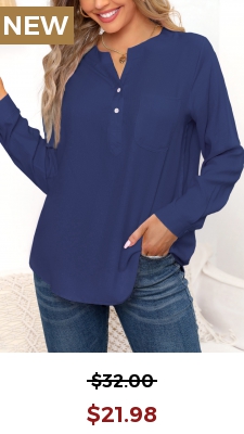 Navy Pocket Long Sleeve Split Neck Blouse